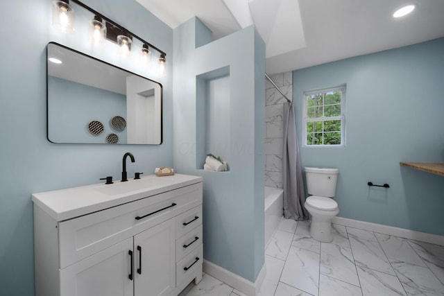 13404 Maple Rd NE, Thornville, OH 43076 - full bathroom with marble look tiles, vanity, baseboards, shower / bath combo with shower curtain, and recessed lighting