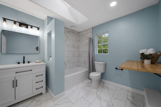 13404 Maple Rd NE, Thornville, OH 43076 - full bath featuring baseboards, toilet, vanity, marble finish floors, and shower / bathtub combination with curtain