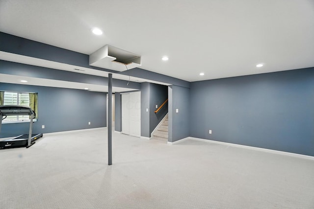 790 Salinger Dr, Lithopolis, OH 43136 - below grade area featuring carpet, baseboards, recessed lighting, and stairs