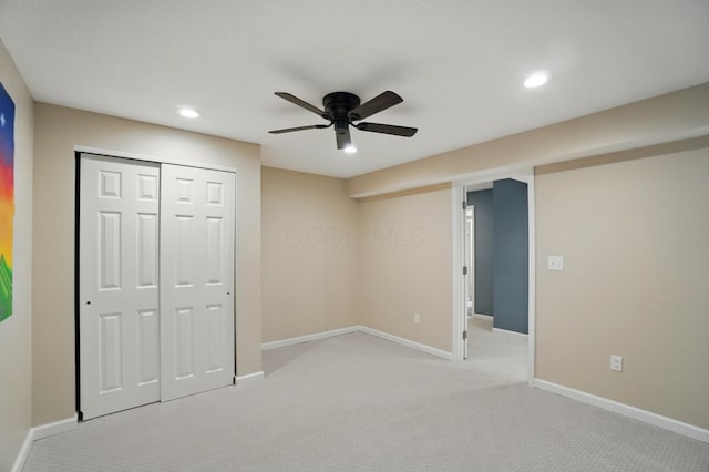 790 Salinger Dr, Lithopolis, OH 43136 - unfurnished bedroom with recessed lighting, baseboards, carpet floors, a closet, and ceiling fan