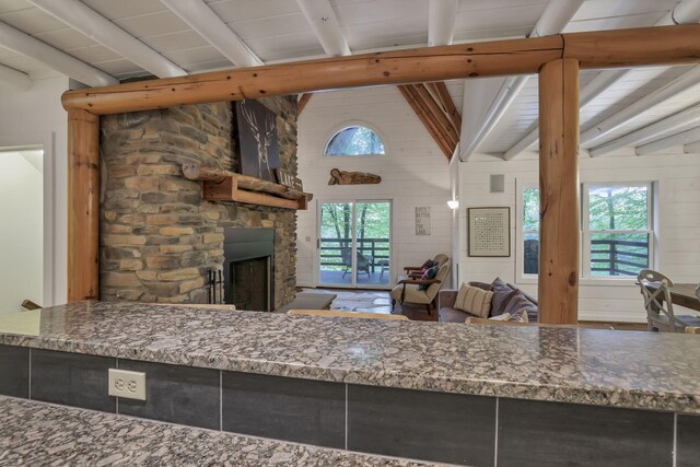 510 Natchez Ln, Sugar Grove, OH 43155 - kitchen with healthy amount of natural light, a fireplace, stone counters, and open floor plan