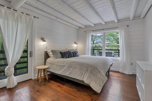 510 Natchez Ln, Sugar Grove, OH 43155 - bedroom with dark wood-style floors, wood walls, and wooden ceiling with exposed beams