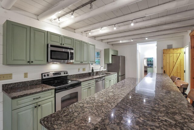510 Natchez Ln, Sugar Grove, OH 43155 - kitchen featuring stainless steel appliances, green cabinets, a sink, and rail lighting