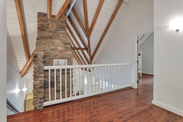 510 Natchez Ln, Sugar Grove, OH 43155 - staircase featuring beamed ceiling, wood finished floors, high vaulted ceiling, and baseboards