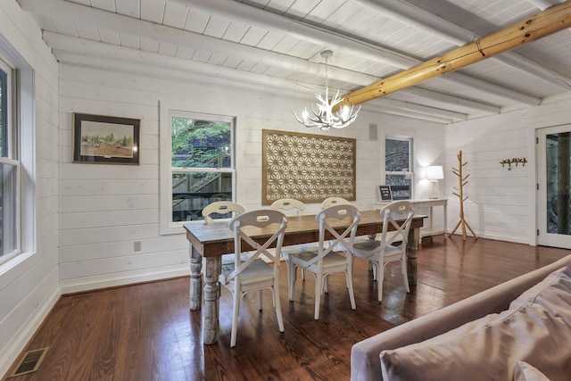 510 Natchez Ln, Sugar Grove, OH 43155 - dining area featuring a chandelier, dark wood-style flooring, wood walls, baseboards, and wooden ceiling with exposed beams
