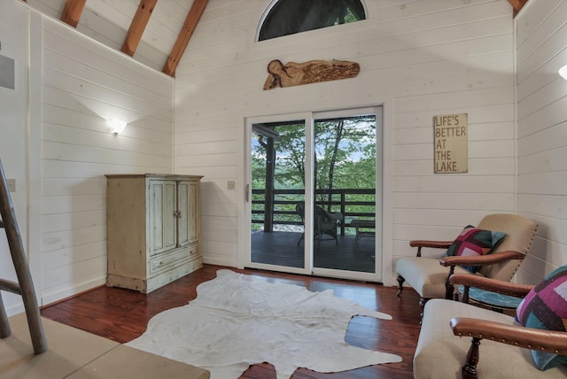 510 Natchez Ln, Sugar Grove, OH 43155 - interior space with access to exterior, beam ceiling, wood walls, dark wood-type flooring, and high vaulted ceiling