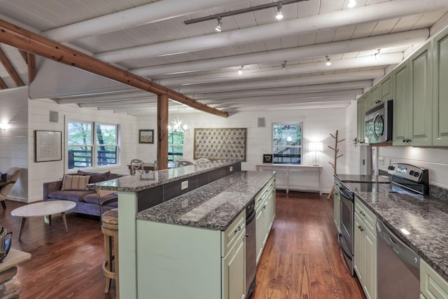 510 Natchez Ln, Sugar Grove, OH 43155 - kitchen with green cabinetry, stainless steel appliances, dark wood-style flooring, open floor plan, and beamed ceiling