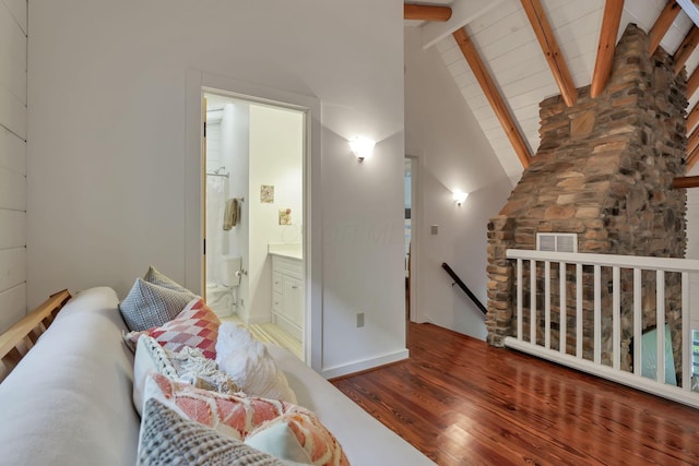 510 Natchez Ln, Sugar Grove, OH 43155 - bedroom with wood finished floors, beamed ceiling, connected bathroom, and high vaulted ceiling