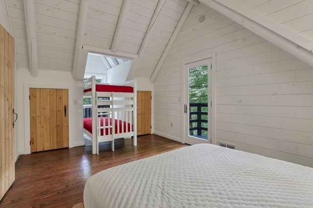 510 Natchez Ln, Sugar Grove, OH 43155 - bedroom with dark wood-type flooring, access to outside, wood walls, and wood ceiling