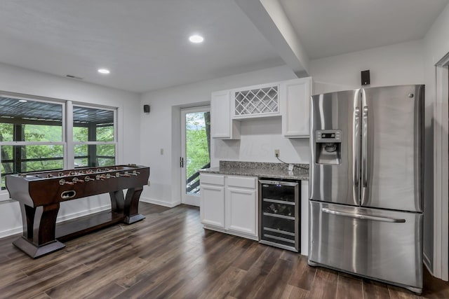 510 Natchez Ln, Sugar Grove, OH 43155 - kitchen with stainless steel refrigerator with ice dispenser, beverage cooler, stone countertops, white cabinetry, and dark wood-style floors
