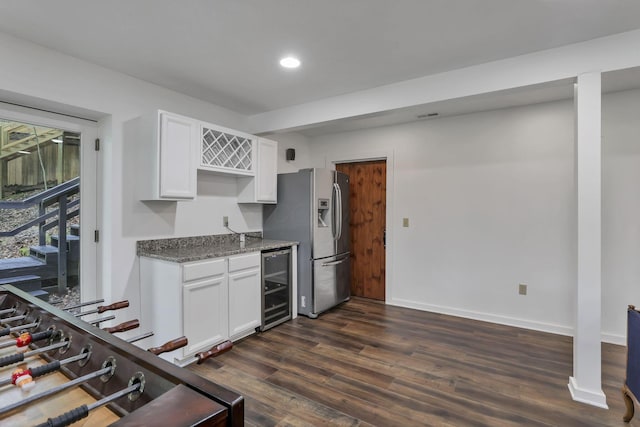 510 Natchez Ln, Sugar Grove, OH 43155 - kitchen featuring beverage cooler, stainless steel refrigerator with ice dispenser, dark wood-style flooring, white cabinets, and recessed lighting
