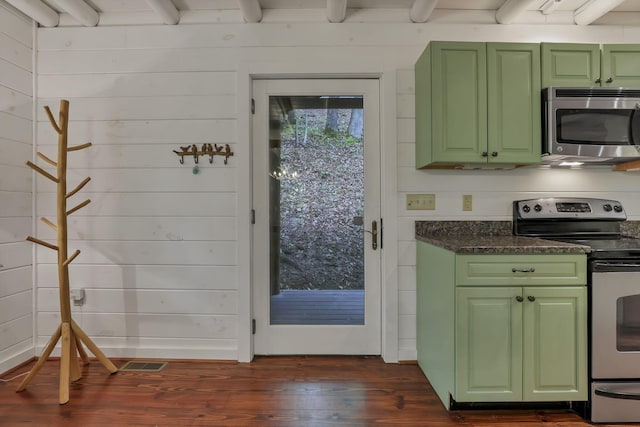 510 Natchez Ln, Sugar Grove, OH 43155 - kitchen with appliances with stainless steel finishes, green cabinetry, dark wood-style flooring, and beamed ceiling