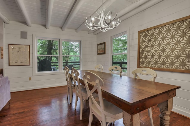 510 Natchez Ln, Sugar Grove, OH 43155 - dining space with a chandelier, beam ceiling, wooden walls, and wood finished floors