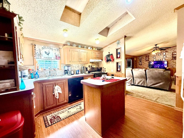37855 Maysville Greendale Rd, Logan, OH 43138 - kitchen with black appliances, light wood-style floors, light countertops, a textured ceiling, and ceiling fan