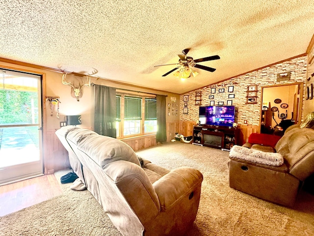 37855 Maysville Greendale Rd, Logan, OH 43138 - living room with vaulted ceiling, healthy amount of natural light, a ceiling fan, a textured ceiling, and a wainscoted wall