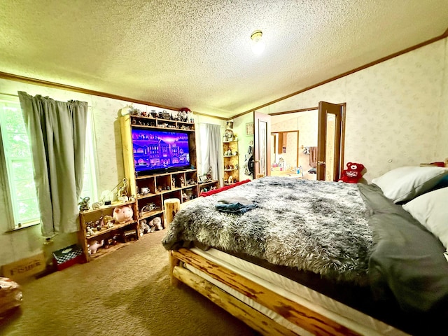 37855 Maysville Greendale Rd, Logan, OH 43138 - carpeted bedroom with crown molding, a textured ceiling, lofted ceiling, and wallpapered walls