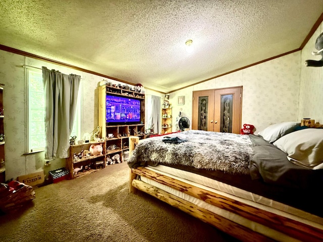 37855 Maysville Greendale Rd, Logan, OH 43138 - bedroom featuring ornamental molding, lofted ceiling, carpet, a textured ceiling, and wallpapered walls