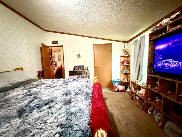 37855 Maysville Greendale Rd, Logan, OH 43138 - bedroom with ornamental molding, carpet, wallpapered walls, and a textured ceiling