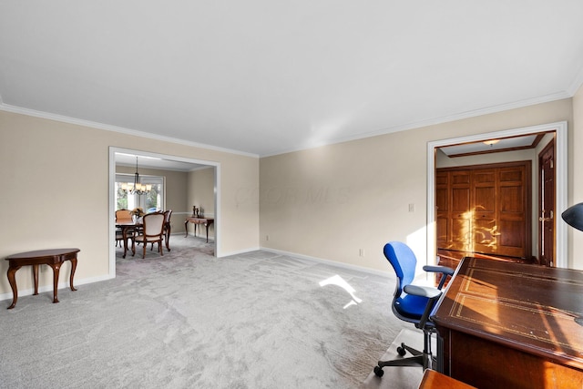 9440 Culross Ct, Dublin, OH 43017 - office featuring ornamental molding, a chandelier, baseboards, and carpet