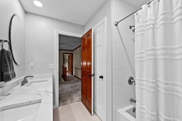 9440 Culross Ct, Dublin, OH 43017 - bathroom featuring vanity, shower / tub combo with curtain, tile patterned floors, and recessed lighting