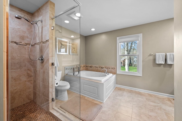 9440 Culross Ct, Dublin, OH 43017 - bathroom with a bath, toilet, tile patterned flooring, tiled shower, and recessed lighting