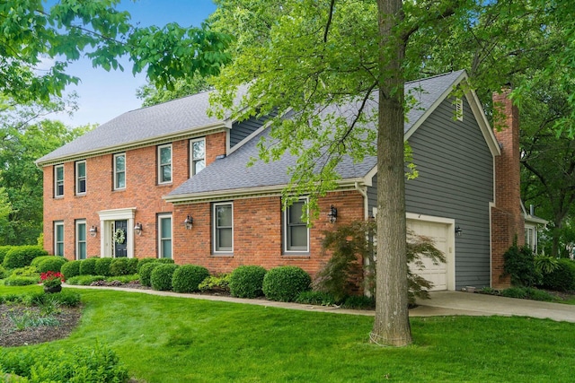 9440 Culross Ct, Dublin, OH 43017 - colonial inspired home featuring roof with shingles, a front lawn, concrete driveway, a chimney, and brick siding
