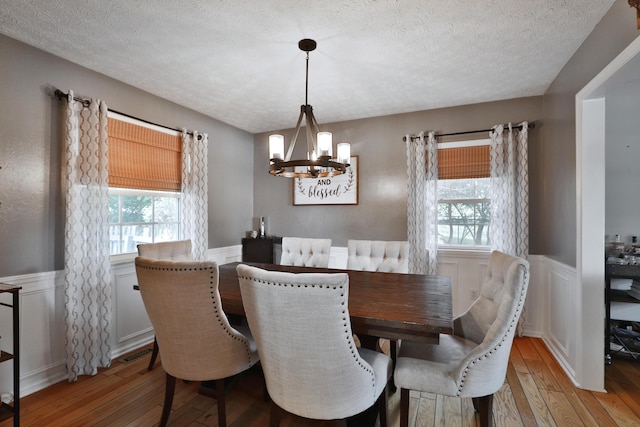 5255 Dory Ln, Columbus, OH 43235 - dining room featuring wood-type flooring, a chandelier, plenty of natural light, a wainscoted wall, and a textured ceiling