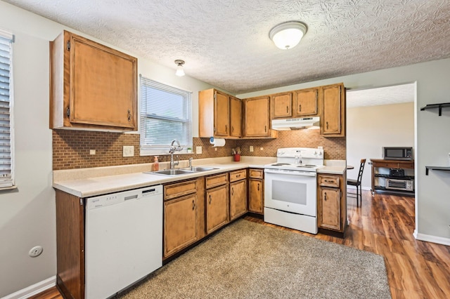6588 Ethan Dr, Reynoldsburg, OH 43068 - kitchen with white appliances, a sink, under cabinet range hood, wood finished floors, and light countertops