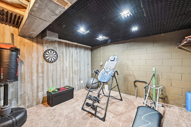 6588 Ethan Dr, Reynoldsburg, OH 43068 - workout room featuring carpet flooring and concrete block wall