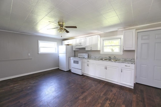 12 Montgomery Rd, Fredericktown, OH 43019 - kitchen featuring white appliances, a sink, a ceiling fan, white cabinets, and dark wood-type flooring