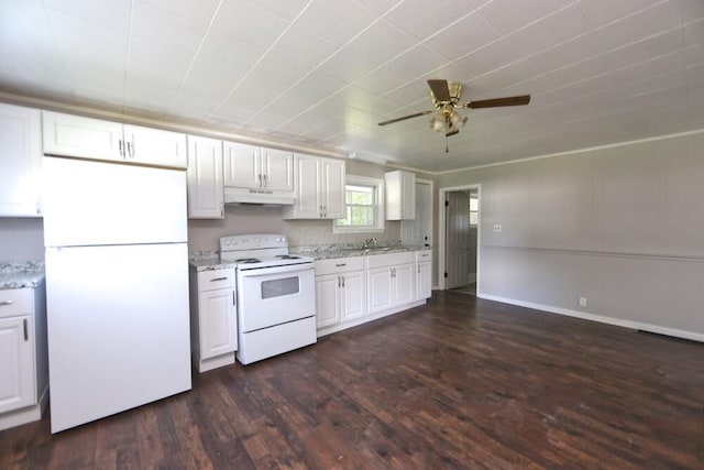 12 Montgomery Rd, Fredericktown, OH 43019 - kitchen featuring white appliances, under cabinet range hood, ceiling fan, dark wood-style floors, and white cabinets