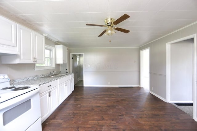 12 Montgomery Rd, Fredericktown, OH 43019 - kitchen with electric range, a sink, ceiling fan, white cabinetry, and dark wood finished floors