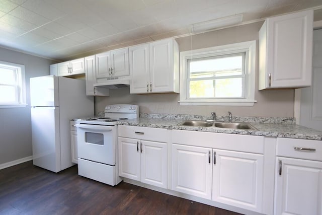 12 Montgomery Rd, Fredericktown, OH 43019 - kitchen featuring white appliances, under cabinet range hood, a sink, dark wood-style flooring, and white cabinetry