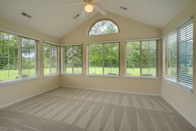 6973 Falls View Cir, Delaware, OH 43015 - unfurnished sunroom featuring carpet floors, vaulted ceiling, and baseboards