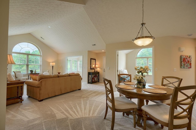 6973 Falls View Cir, Delaware, OH 43015 - dining room featuring light carpet, lofted ceiling, and a textured ceiling