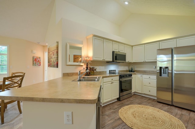 6973 Falls View Cir, Delaware, OH 43015 - kitchen featuring appliances with stainless steel finishes, a sink, a peninsula, wood finished floors, and high vaulted ceiling
