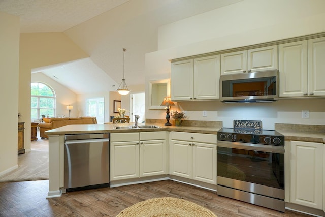 6973 Falls View Cir, Delaware, OH 43015 - kitchen with appliances with stainless steel finishes, a sink, light wood-style flooring, lofted ceiling, and a peninsula