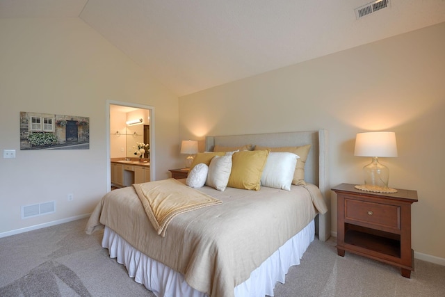 6973 Falls View Cir, Delaware, OH 43015 - bedroom with light carpet, ensuite bath, baseboards, high vaulted ceiling, and a wall mounted AC