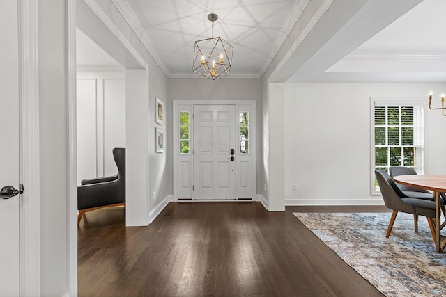 4477 Ackerly Farm Rd, New Albany, OH 43054 - entryway featuring a chandelier, dark wood-type flooring, baseboards, and ornamental molding