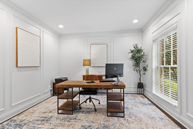 4477 Ackerly Farm Rd, New Albany, OH 43054 - office space with a decorative wall, wood finished floors, baseboards, recessed lighting, and ornamental molding
