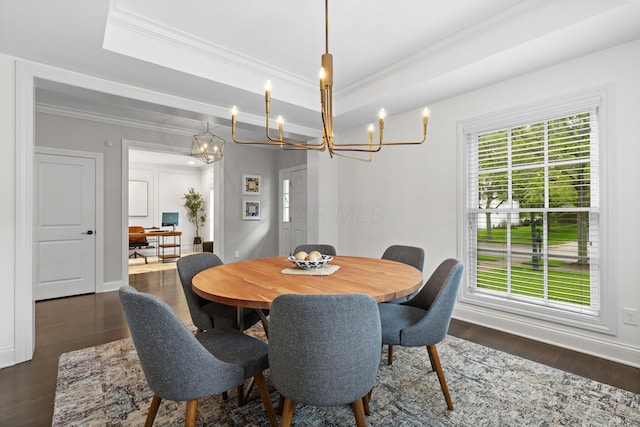 4477 Ackerly Farm Rd, New Albany, OH 43054 - dining space with a chandelier, crown molding, dark wood-type flooring, baseboards, and a raised ceiling