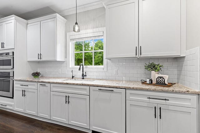 4477 Ackerly Farm Rd, New Albany, OH 43054 - kitchen with a sink, dishwashing machine, white cabinetry, dark wood-style flooring, and tasteful backsplash