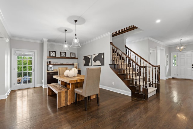 4477 Ackerly Farm Rd, New Albany, OH 43054 - dining room with stairs, baseboards, dark wood finished floors, a chandelier, and ornamental molding