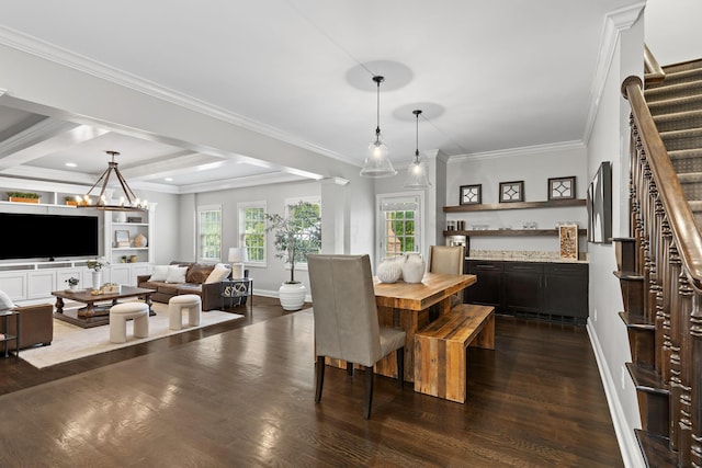 4477 Ackerly Farm Rd, New Albany, OH 43054 - dining space featuring dark wood-style floors, plenty of natural light, stairway, baseboards, and crown molding