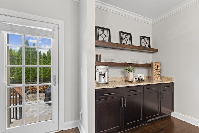4477 Ackerly Farm Rd, New Albany, OH 43054 - indoor dry bar featuring baseboards, crown molding, and dark wood-style floors