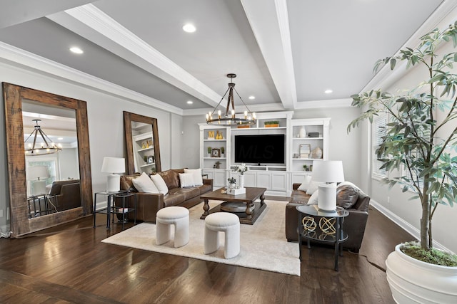 4477 Ackerly Farm Rd, New Albany, OH 43054 - living room featuring a chandelier, dark wood-type flooring, ornamental molding, beamed ceiling, and recessed lighting