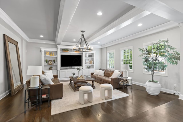 4477 Ackerly Farm Rd, New Albany, OH 43054 - living room with ornamental molding, dark wood-type flooring, baseboards, recessed lighting, and a chandelier