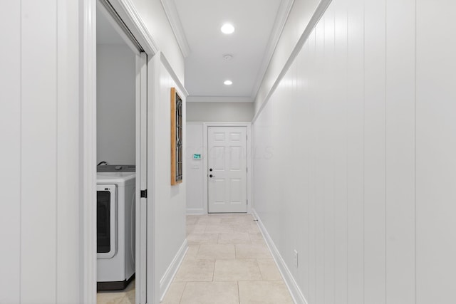 4477 Ackerly Farm Rd, New Albany, OH 43054 - hallway with washer / dryer, baseboards, light tile patterned floors, crown molding, and recessed lighting