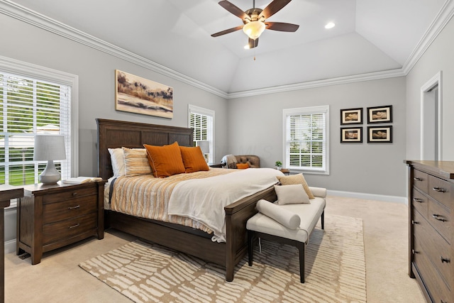 4477 Ackerly Farm Rd, New Albany, OH 43054 - bedroom featuring light colored carpet, vaulted ceiling, baseboards, a ceiling fan, and crown molding