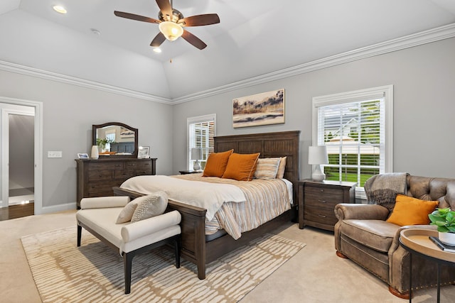 4477 Ackerly Farm Rd, New Albany, OH 43054 - bedroom with light carpet, vaulted ceiling, multiple windows, ornamental molding, and ceiling fan